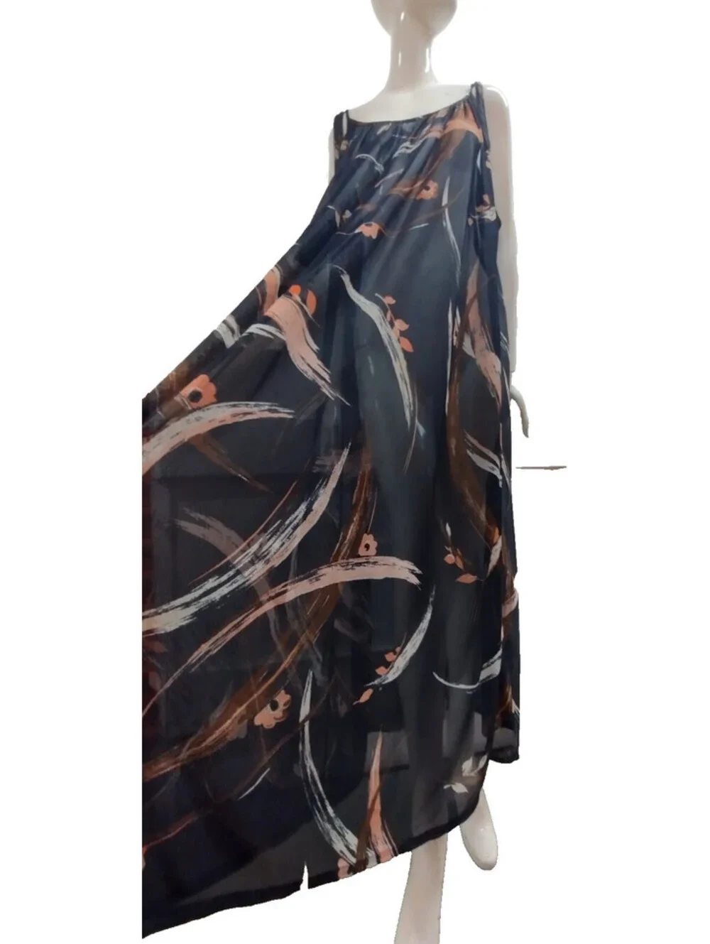 Vintage 1970s Maxi A-Line Swing Sheer Dress Size L/XL Black Sheer Nylon Pastels